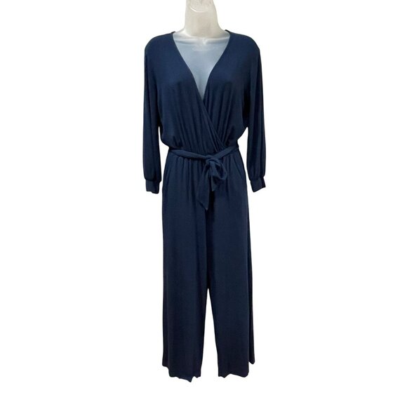 Amour Vert Womens Navy Blue Wrap-Style Jumpsuit W/ Pockets & Belted Waist S - Picture 2 of 9